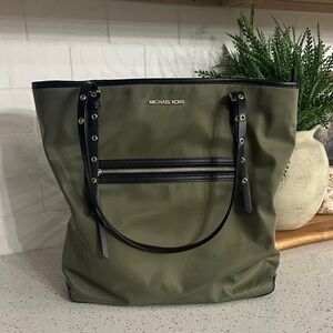 Michael Kors Olive Nylon Tote with Black Trim and Gold Hardware
